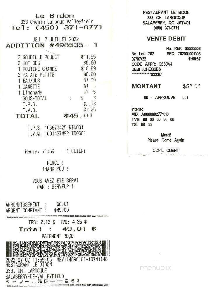 Restaurant Le Bidon Enrg - Salaberry-De-Valleyfield, QC menu_pic