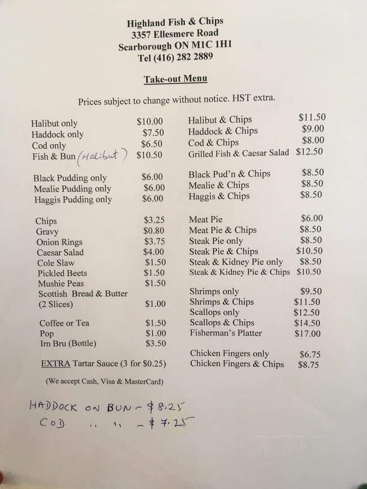 Highland Creek Fish & Chips - Toronto, ON menu_pic