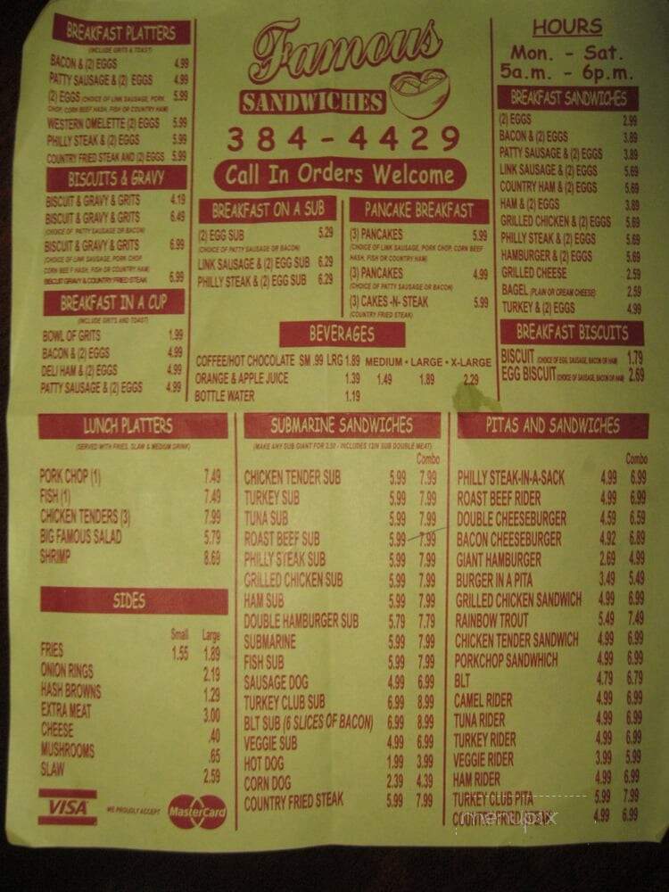 Famous Sandwiches - Jacksonville, FL menu_pic