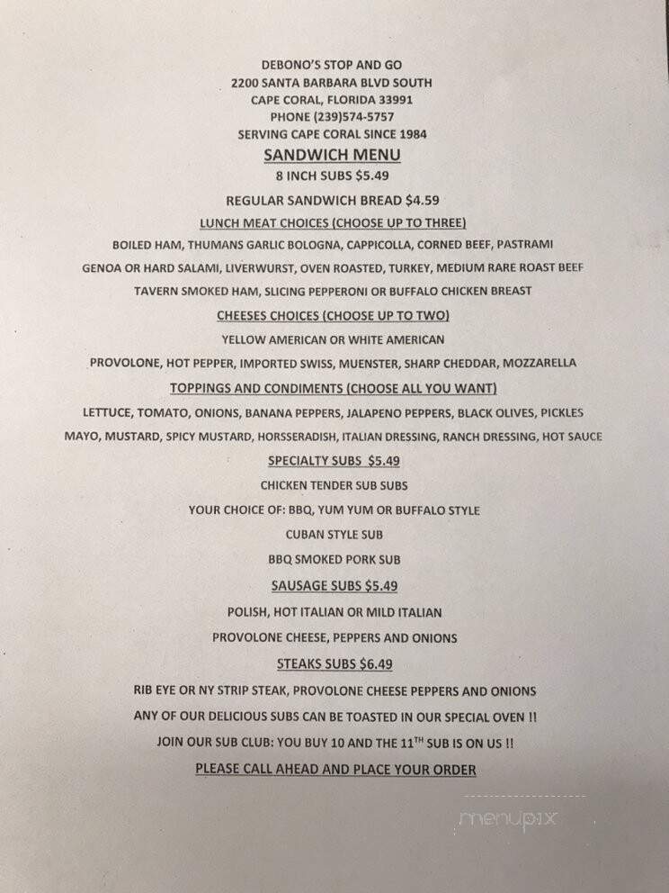 De Bono's Stop & Go - Cape Coral, FL menu_pic