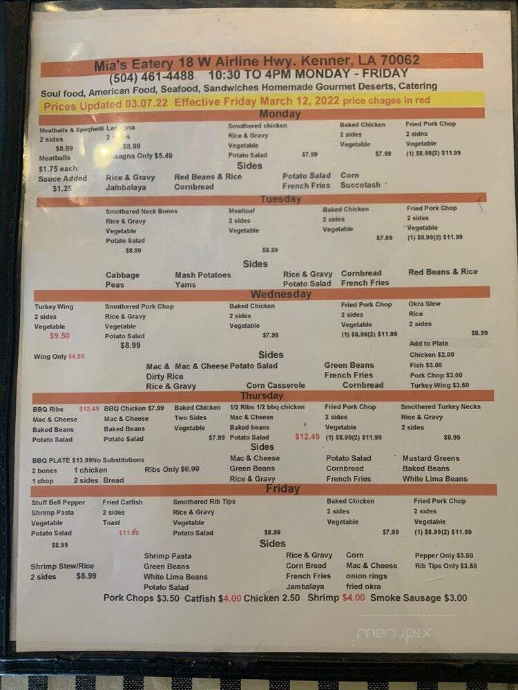 Mia's Eatery - Kenner, LA menu_pic