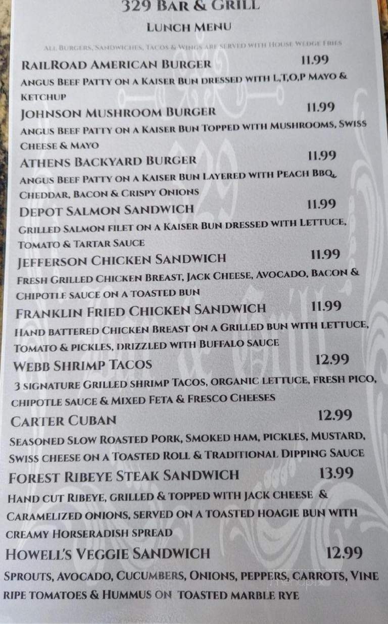 329 Bar & Grill - Hartwell, GA menu_pic