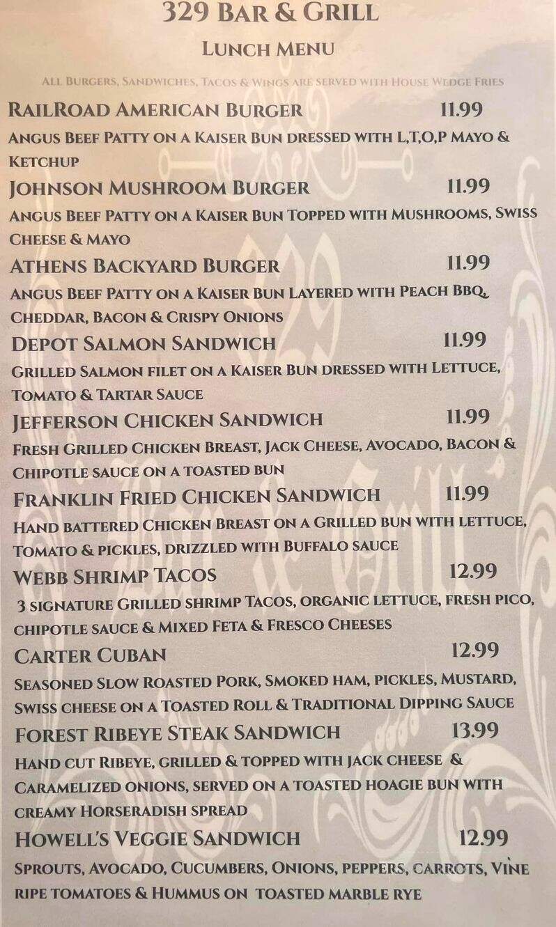 329 Bar & Grill - Hartwell, GA menu_pic