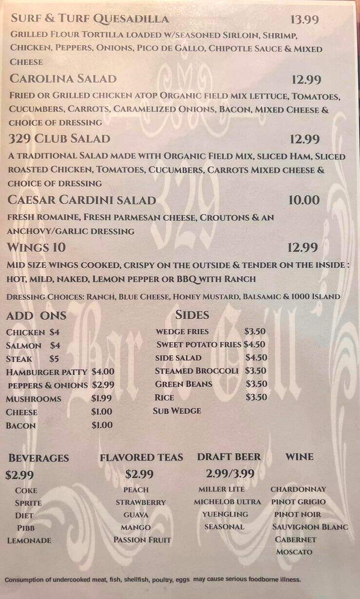 329 Bar & Grill - Hartwell, GA menu_pic