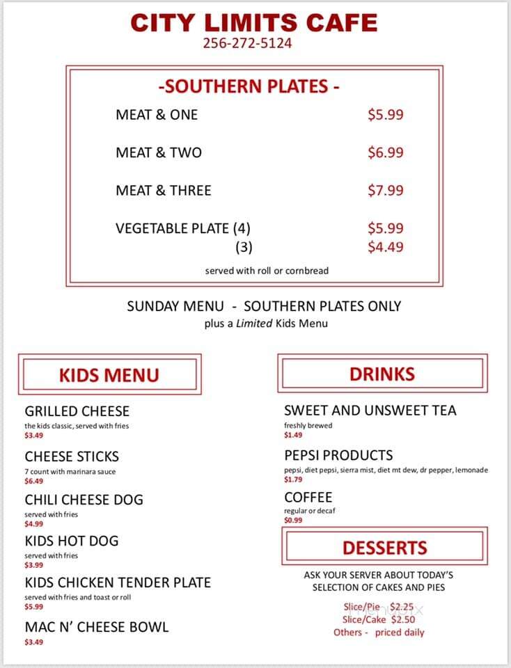 City Limits Cafe - Killen, AL menu_pic