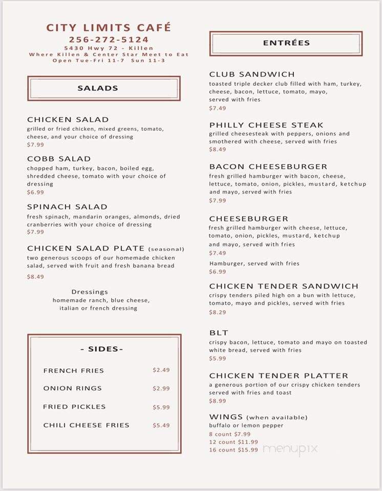 City Limits Cafe - Killen, AL menu_pic