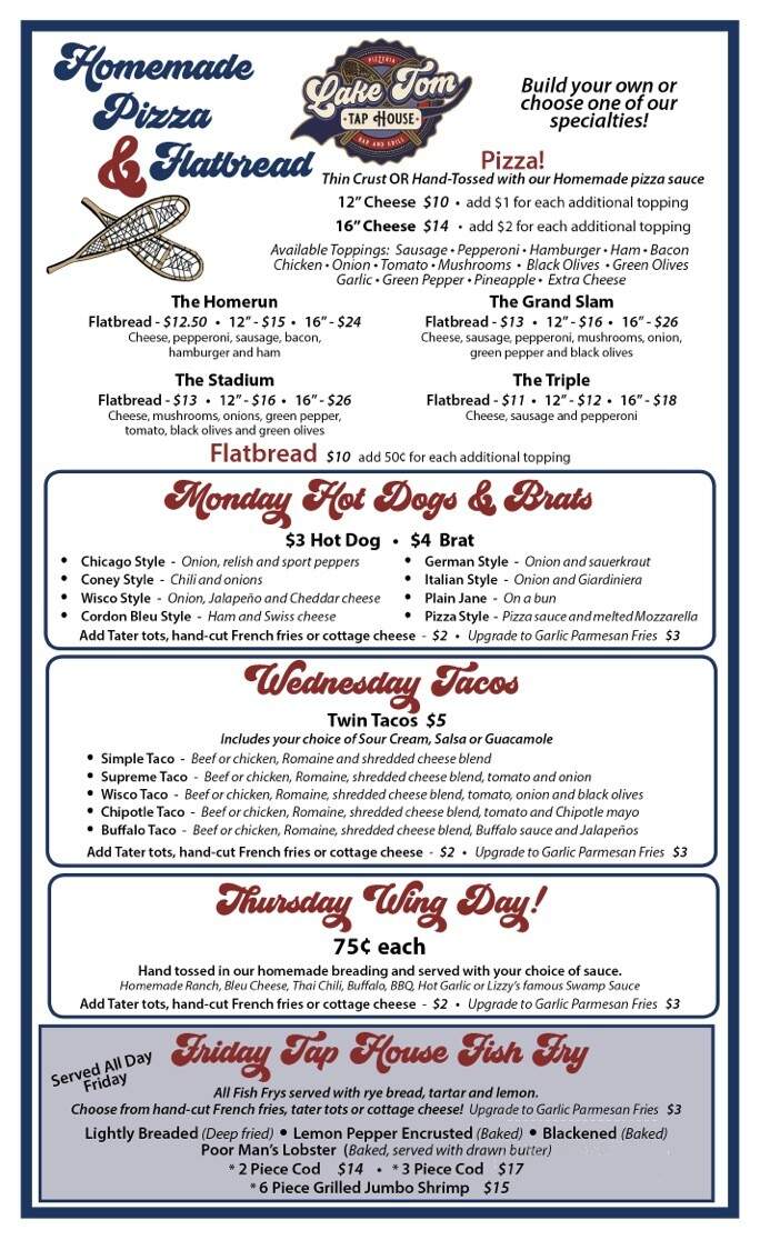 Lake Tom Tap House - Lake Tomahawk, WI menu_pic