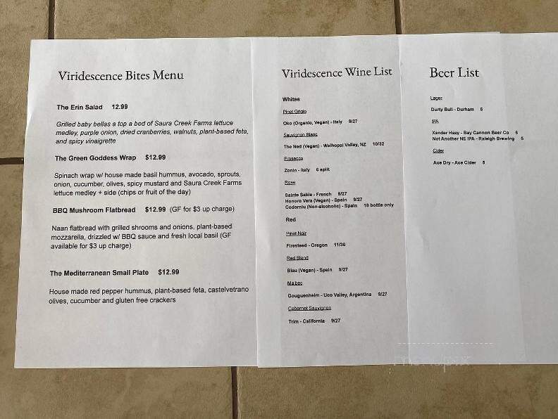 Viridescence Bottle and Bites - Pilot Mountain, NC menu_pic