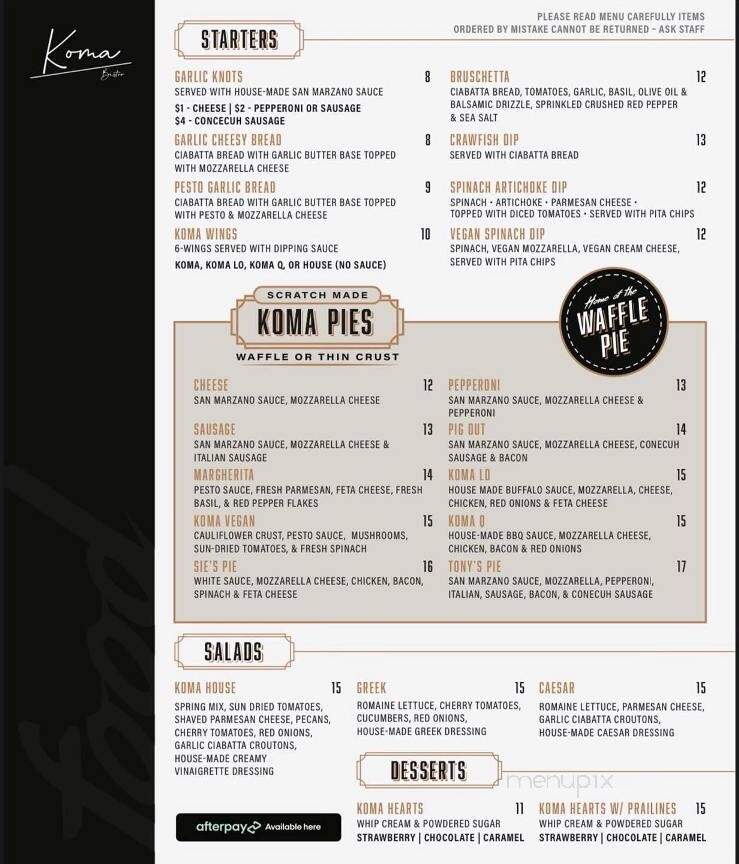 Koma Bistro - Mobile, AL menu_pic