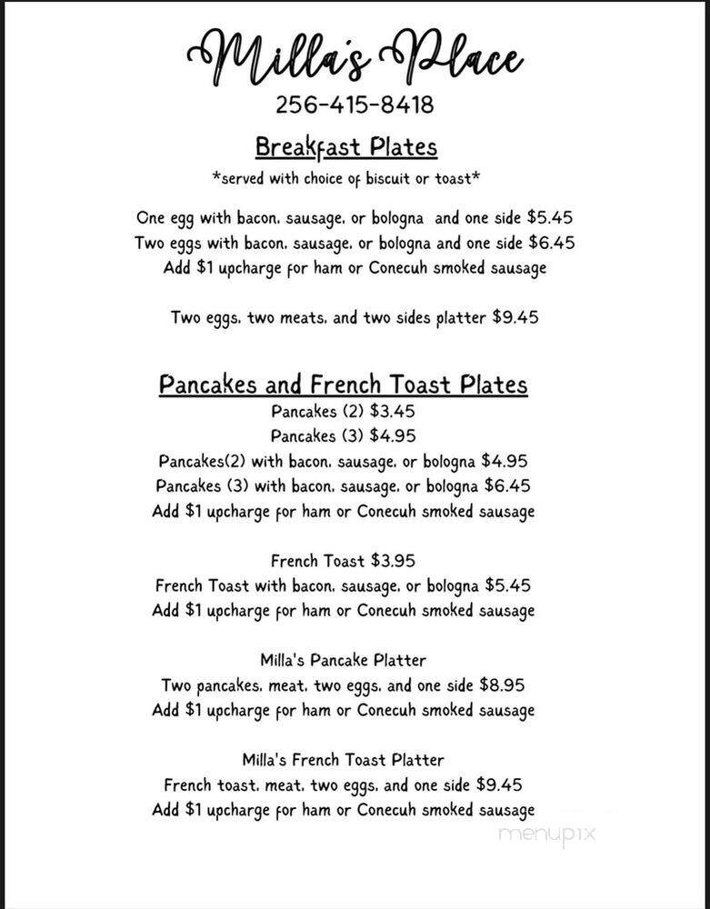 Milla's Place - Florence, AL menu_pic
