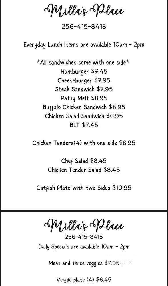 Milla's Place - Florence, AL menu_pic