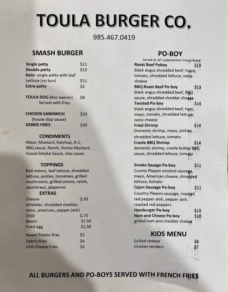 Toula Burger - Ponchatoula, LA menu_pic