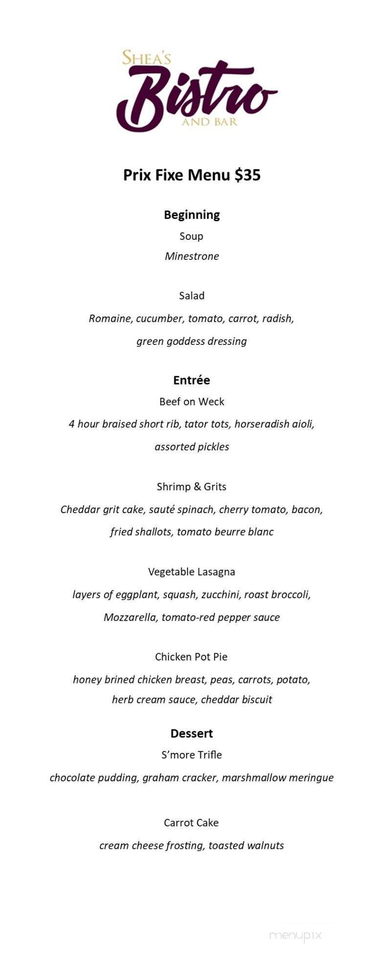 Shea's Bistro and Bar - Buffalo, NY menu_pic