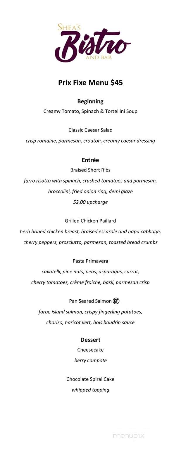 Shea's Bistro and Bar - Buffalo, NY menu_pic