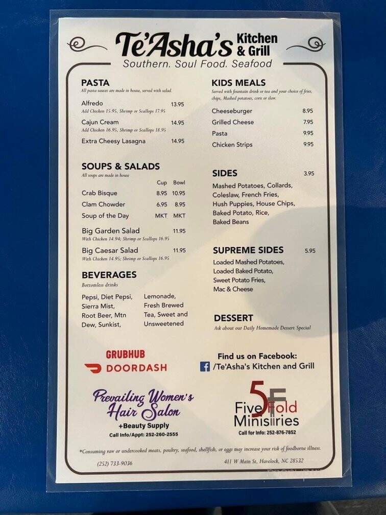 Te'Asha's Kitchen and Grill - Havelock, NC menu_pic