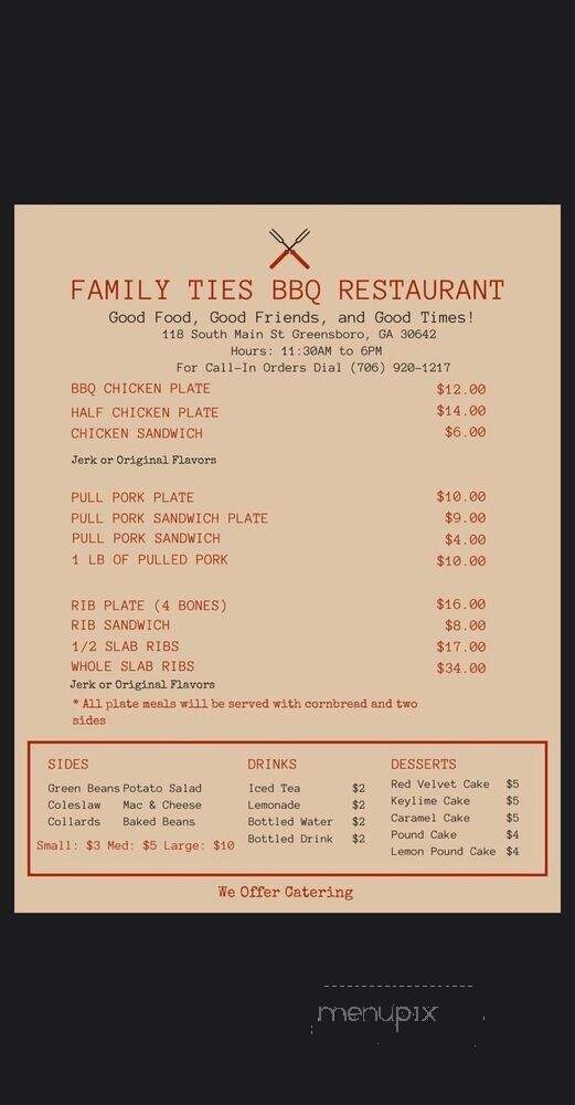 Family Ties BBQ & Seafood - Greensboro, GA menu_pic