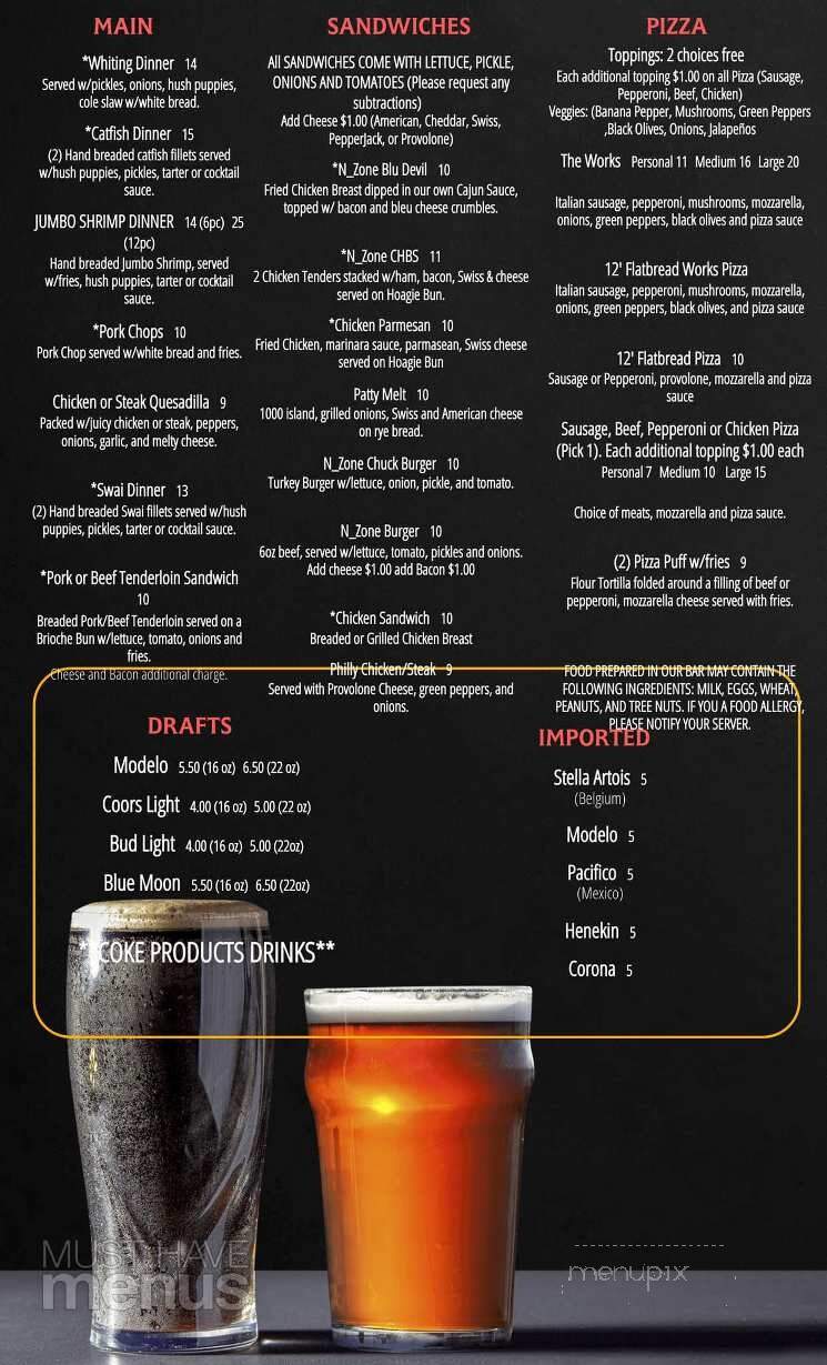 N Zone Bar and Grill - Indianapolis, IN menu_pic