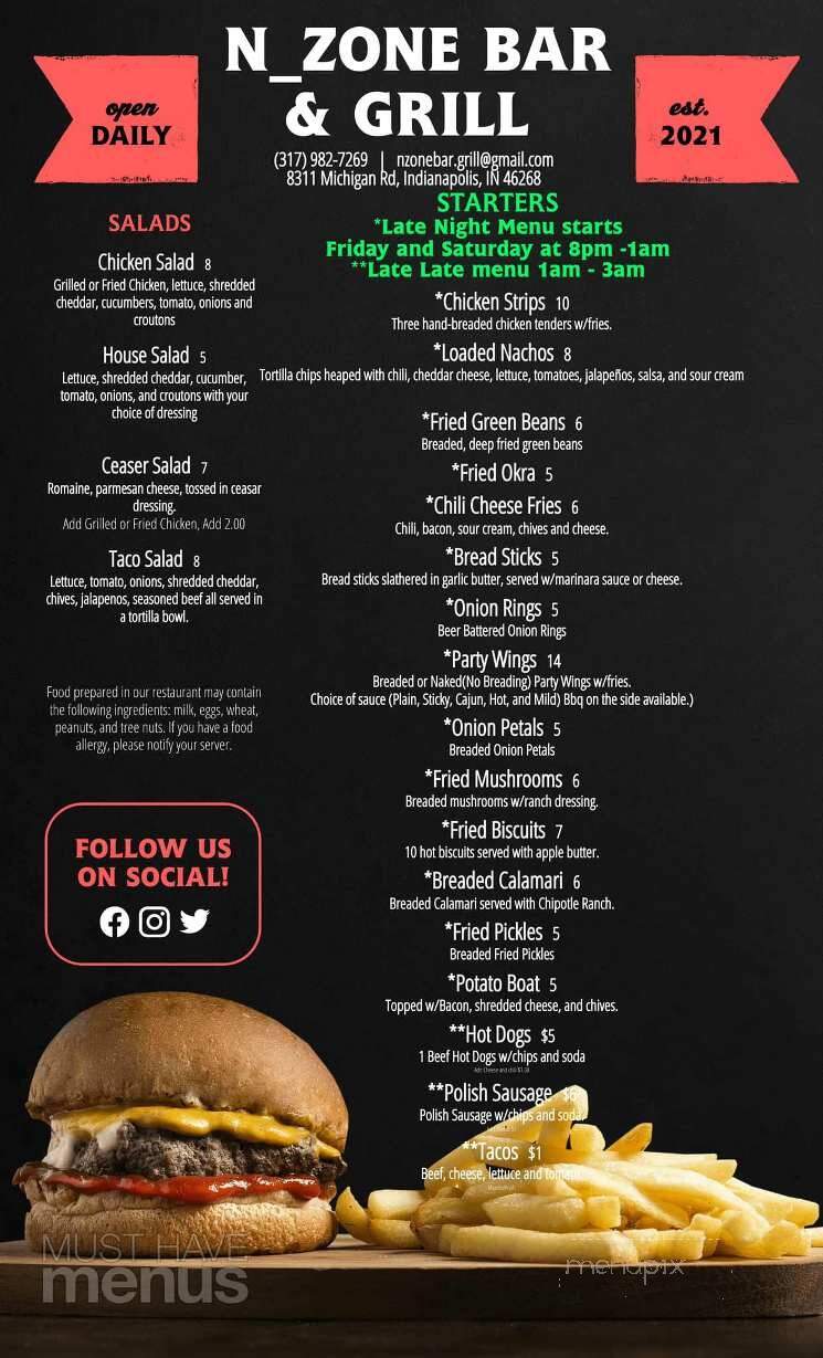 N Zone Bar and Grill - Indianapolis, IN menu_pic