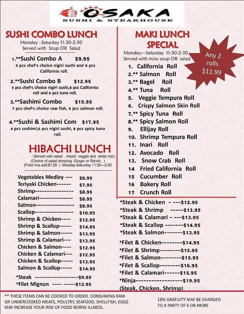 Osaka Sushi & Steak House - Gaffney, SC menu_pic