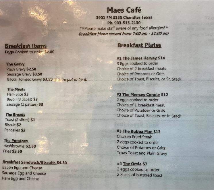 Mae's Cafe - Chandler, TX menu_pic