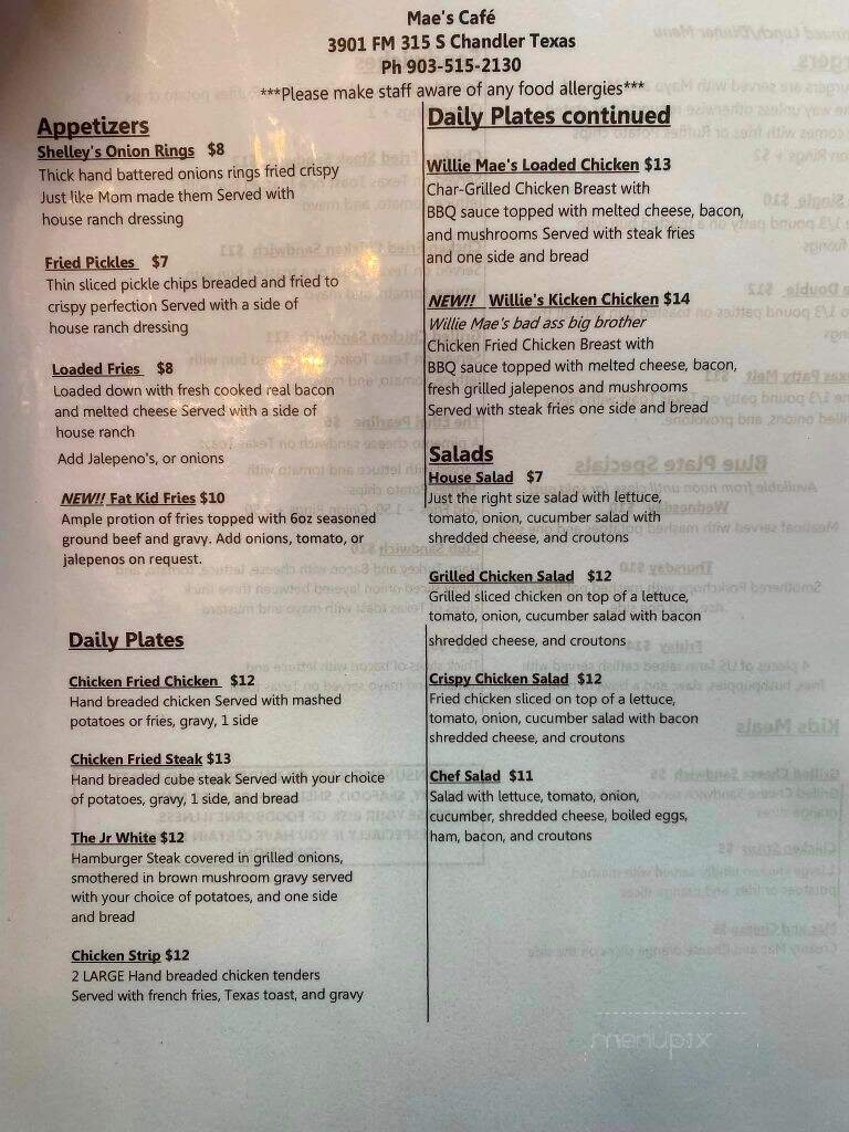 Mae's Cafe - Chandler, TX menu_pic