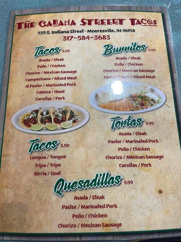 The Cabana Street Tacos - Mooresville, IN menu_pic