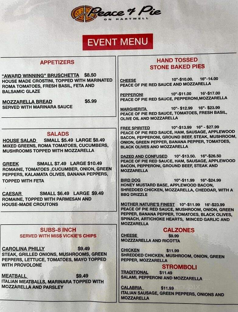 Peace of Pie on Hartwell - Fair Play, SC menu_pic