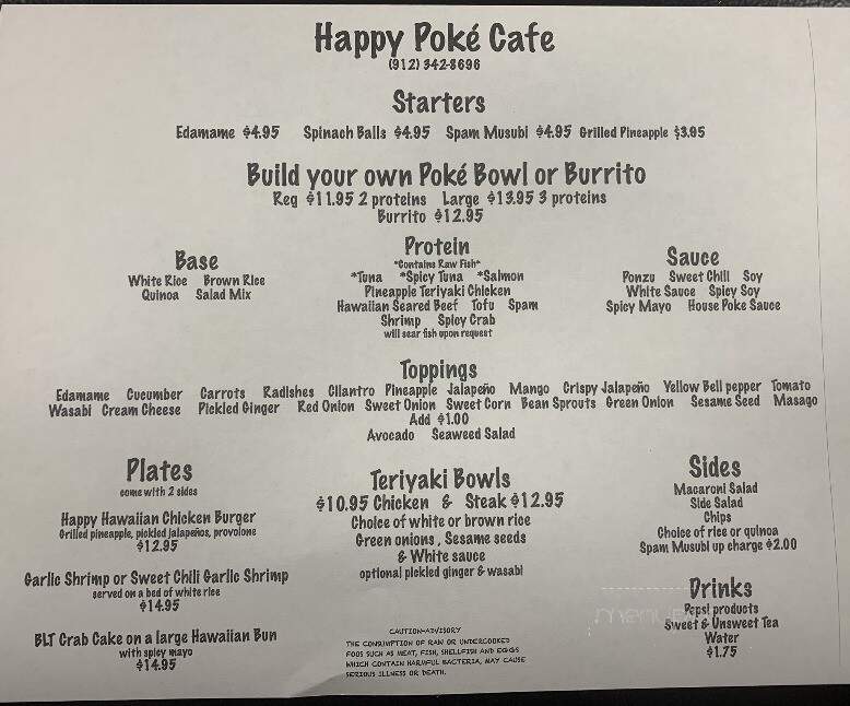Happy Poke Cafe - Brunswick, GA menu_pic