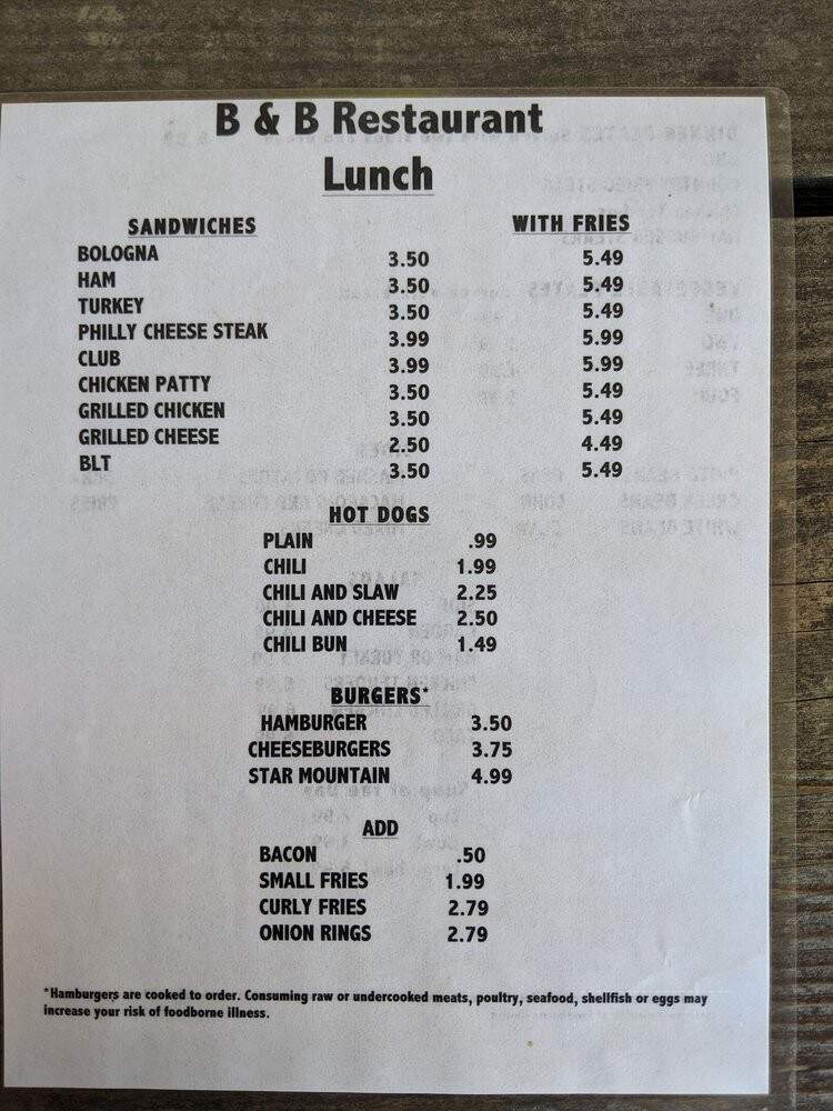 B & B Restaurant - Tellico Plains, TN menu_pic