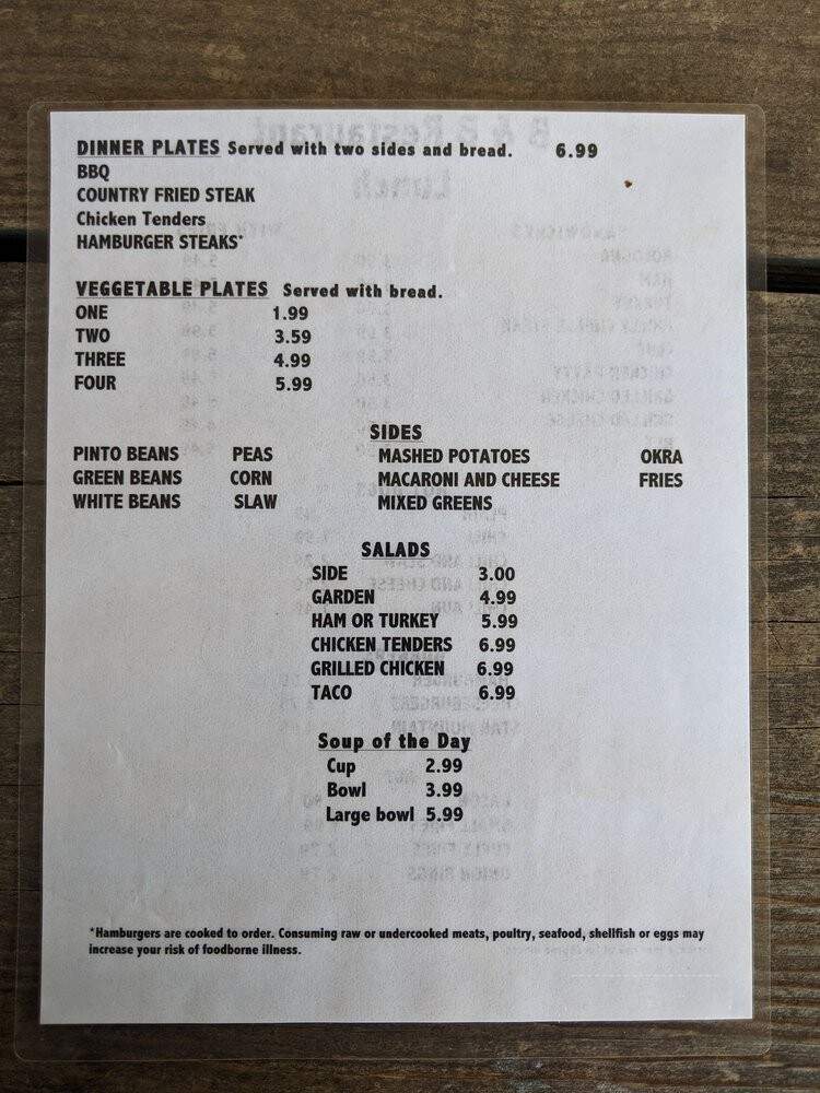 B & B Restaurant - Tellico Plains, TN menu_pic