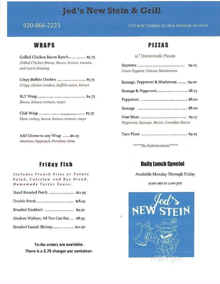 Jed's New Stein n Grill - New Franken, WI menu_pic