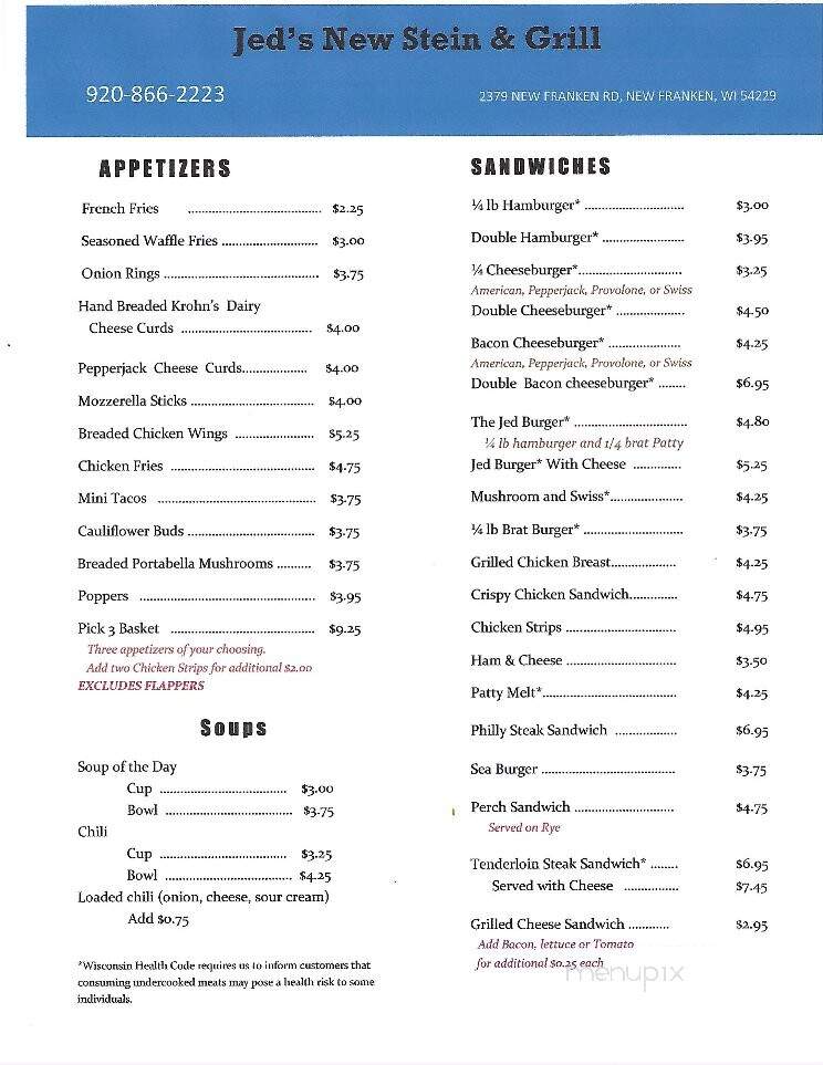 Jed's New Stein n Grill - New Franken, WI menu_pic