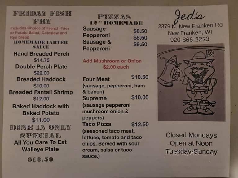 Jed's New Stein n Grill - New Franken, WI menu_pic