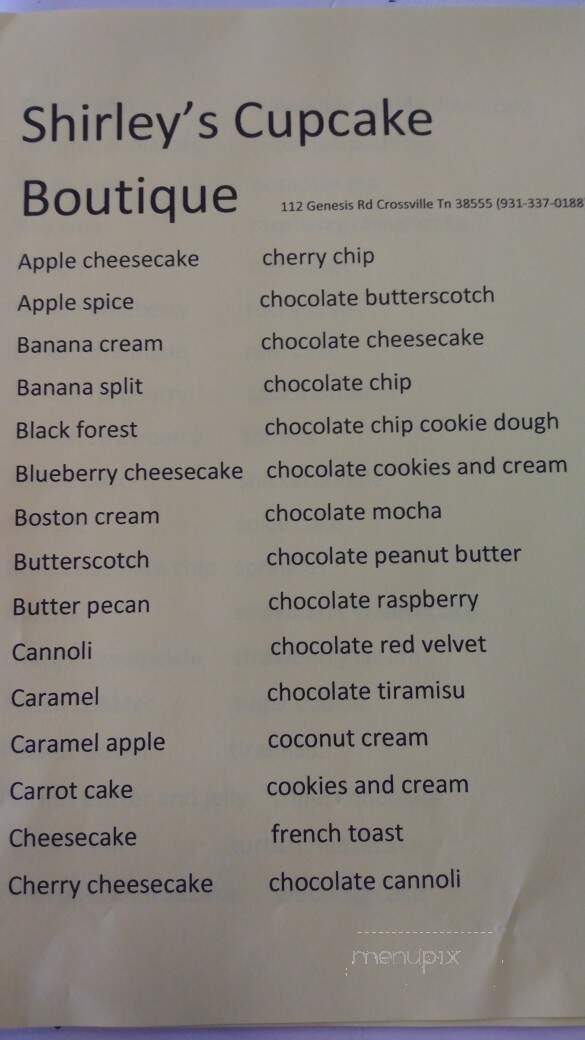 Shirley's Cupcake Boutique - Crossville, TN menu_pic