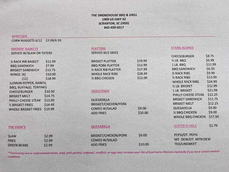 The Smokehouse BBQ & Grill - Scranton, SC menu_pic