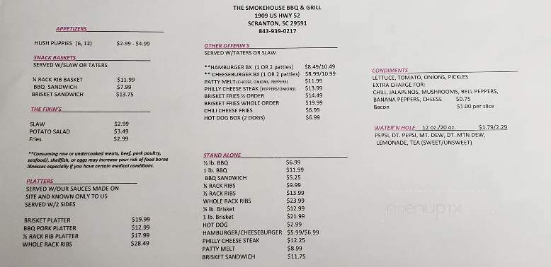 The Smokehouse BBQ & Grill - Scranton, SC menu_pic