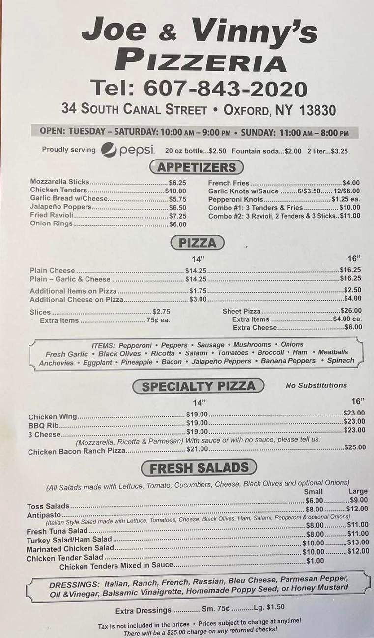 Joe & Vinnys Pizzeria - Oxford, NY menu_pic