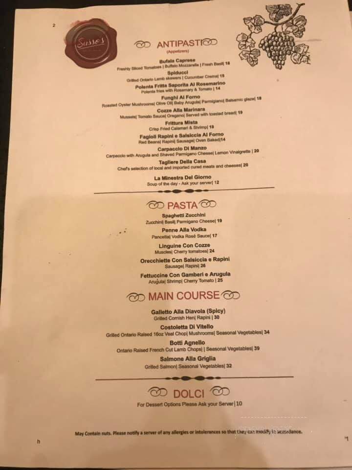 Sasso's Trattoria & Wine Bar - Nobleton, ON menu_pic