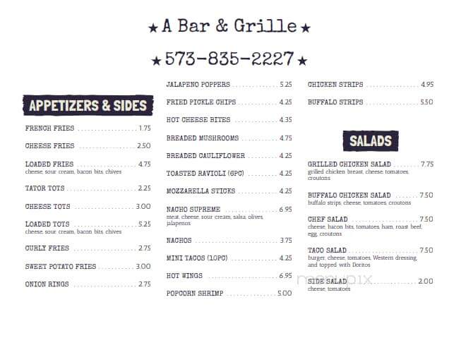 A Bar & Grille - New Florence, MO menu_pic