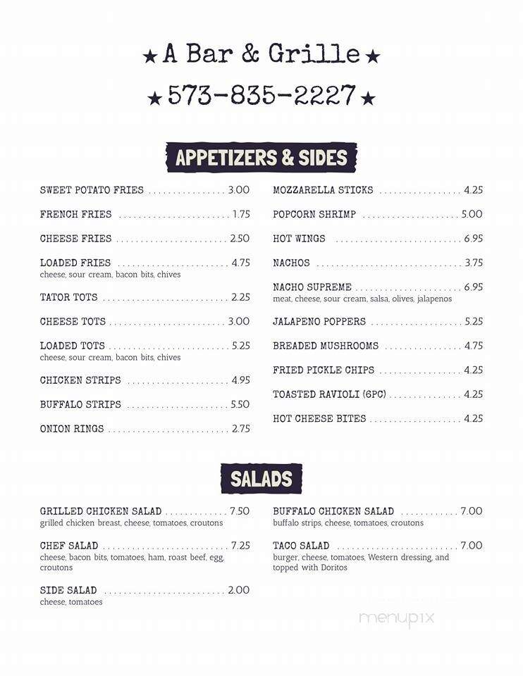 A Bar & Grille - New Florence, MO menu_pic