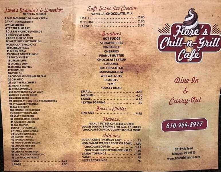 Fiore's Chill n Grill Cafe - Blandon, PA menu_pic