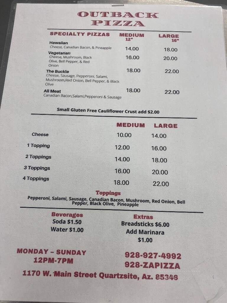 Outback Pizza - Quartzsite, AZ menu_pic