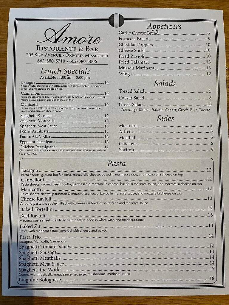 Amore Italian Ristorante & Bar - Oxford, MS menu_pic