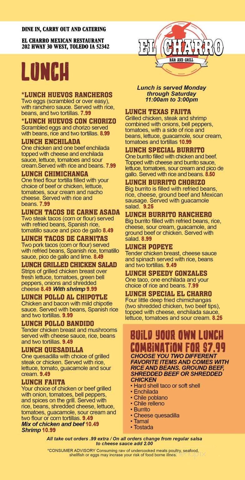 El Charro Bar and Grill - Toledo, IA menu_pic