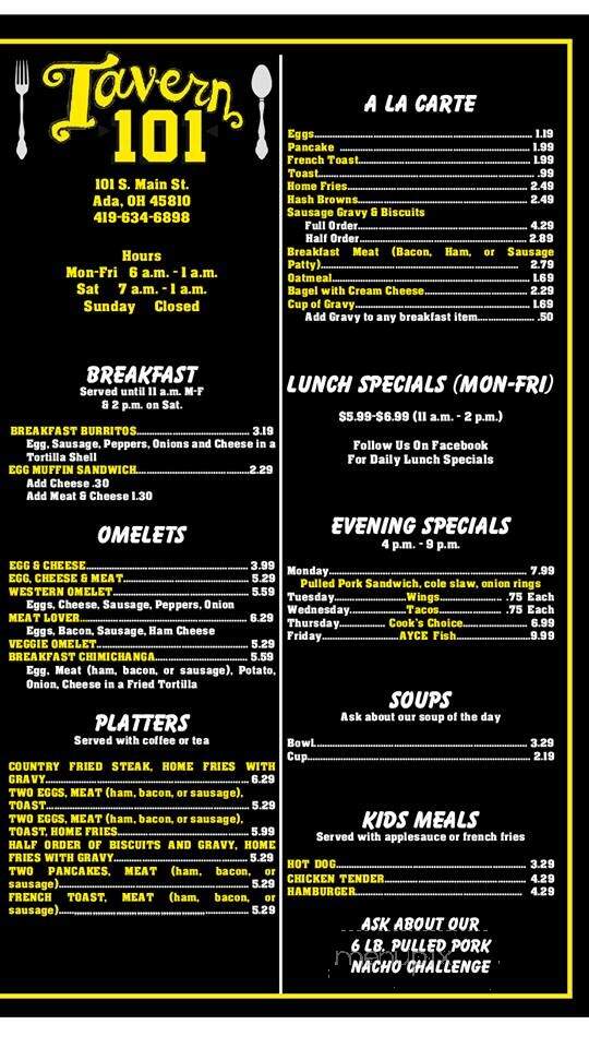 Tavern 101 - Ada, OH menu_pic