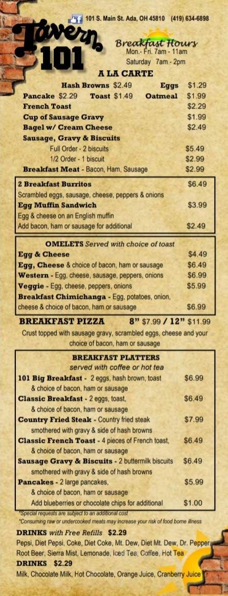 Tavern 101 - Ada, OH menu_pic