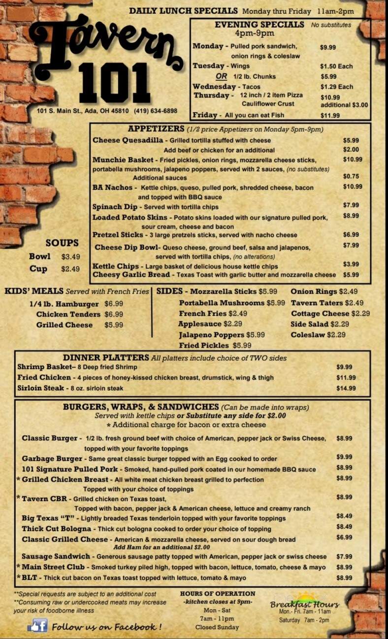 Tavern 101 - Ada, OH menu_pic