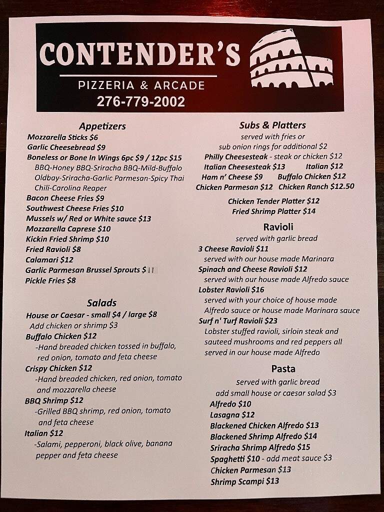 Contender's Pizzeria and Arcade - Hillsville, VA menu_pic