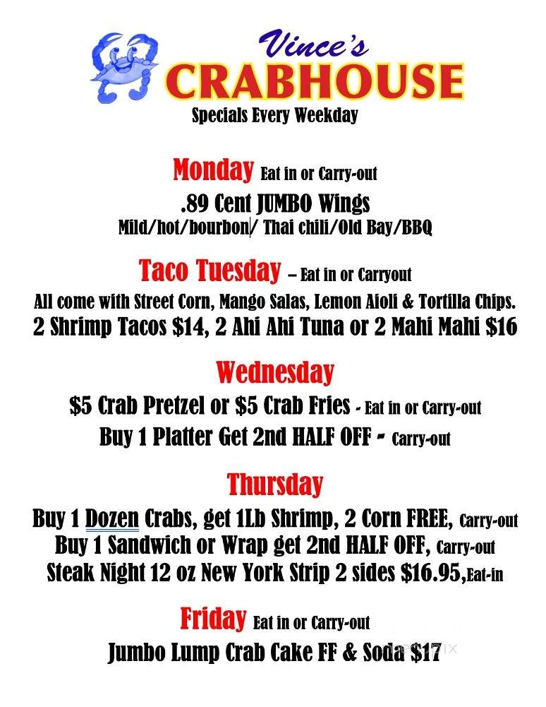 Vinces Crab House & Restaurant - Fallston, MD menu_pic