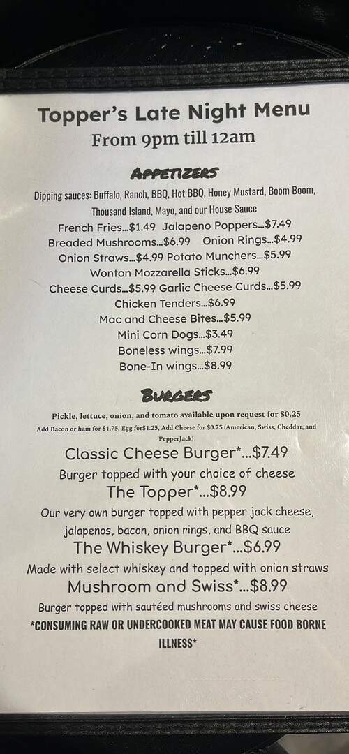Topper's Tap - Beaver Dam, WI menu_pic